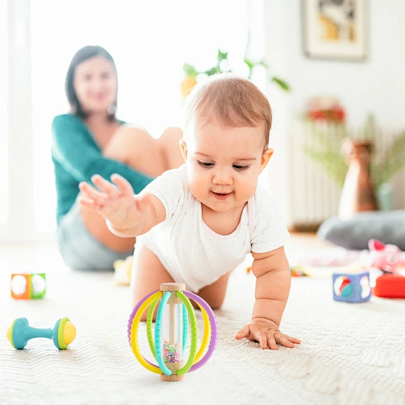 Wooden Baby Rattle with Rain Sound & Silicone Teether