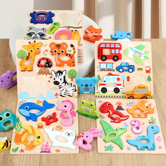Set of wooden puzzles with animal and vehicle designs on a wooden surface.