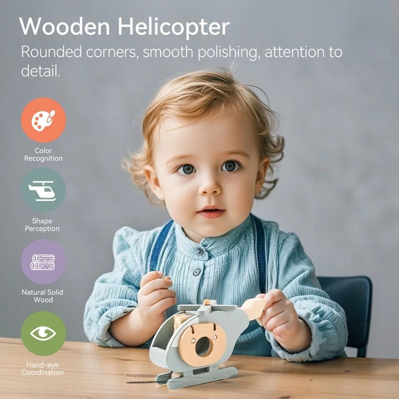 Wooden Helicopter Toy with Spinning Propellers and Flippable Windows