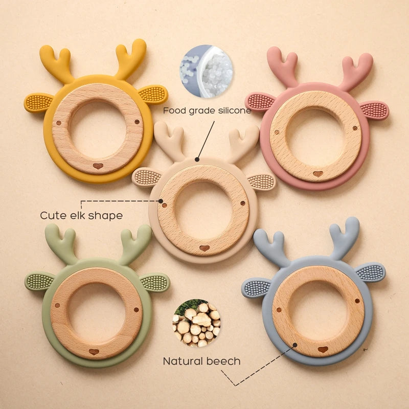 Silicone & Wood Baby Teether – BPA-Free Chewing Ring