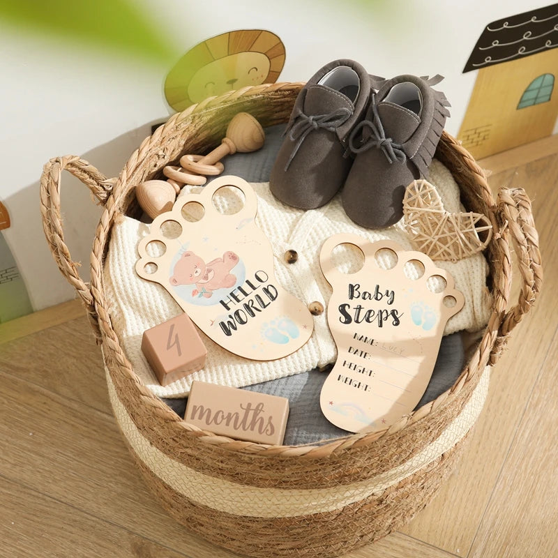 Baby Footprint Photography Prop Wooden Milestone Card