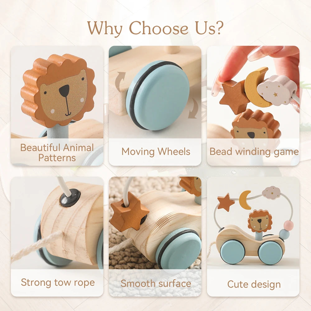 Wooden Pull-Along Car with Lion & Bead Maze