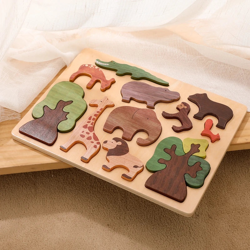 Wooden puzzle with animal and tree shapes on a wooden board.