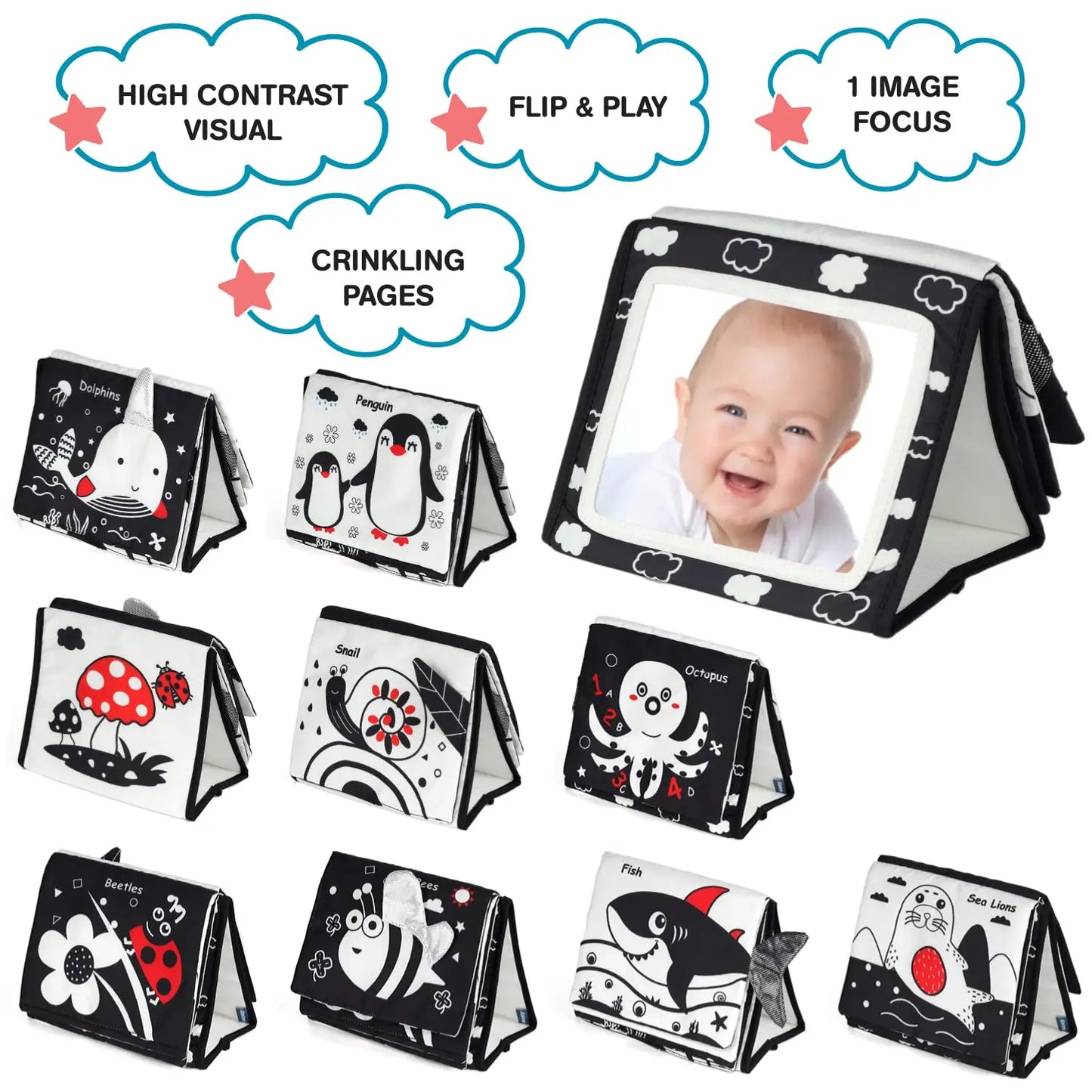 Tummy Time Mirror for Babies Black and White Toys Infants High Contrast Baby Toys For Newborn Baby Sensory Gift  0-12 Months