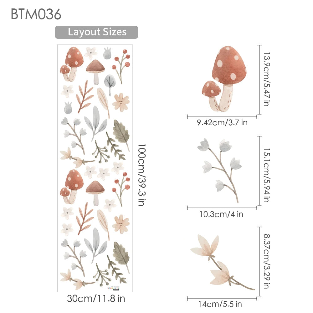 Set of decorative stickers with mushrooms and plants, showing layout sizes on a white background.