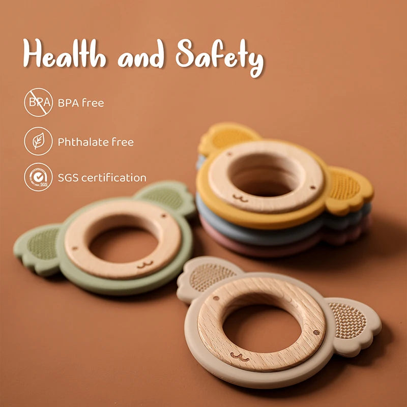 Silicone & Wood Baby Teether – BPA-Free Chewing Ring
