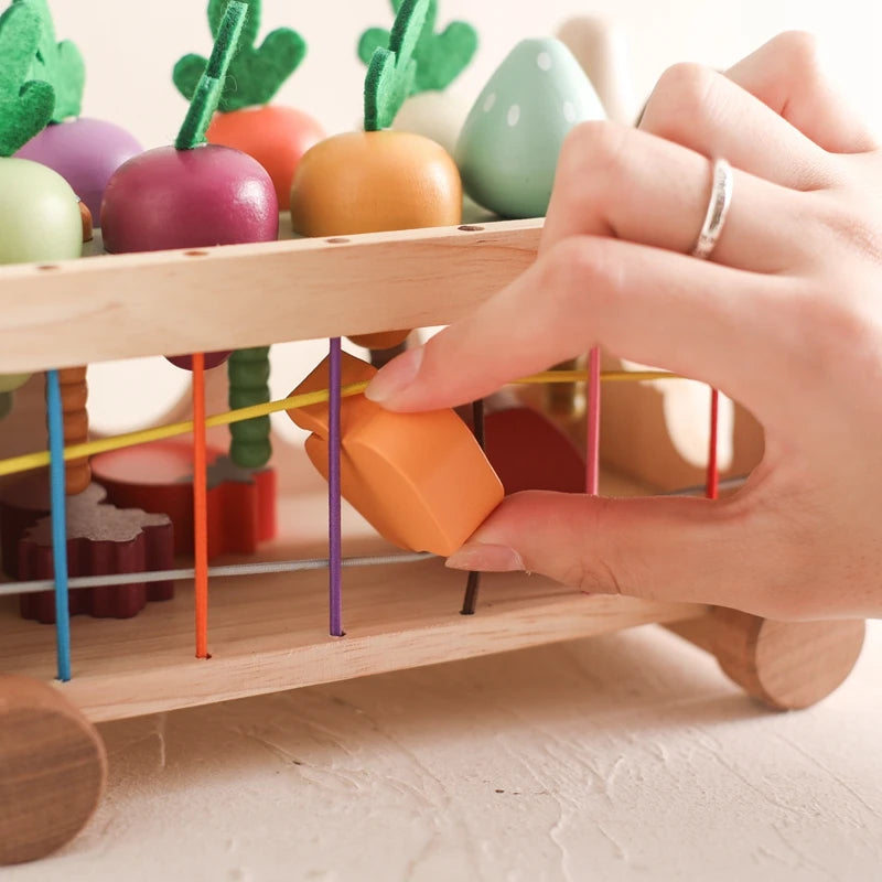 Montessori Wooden Vegetable Car – Pull & Shape Matching Toy