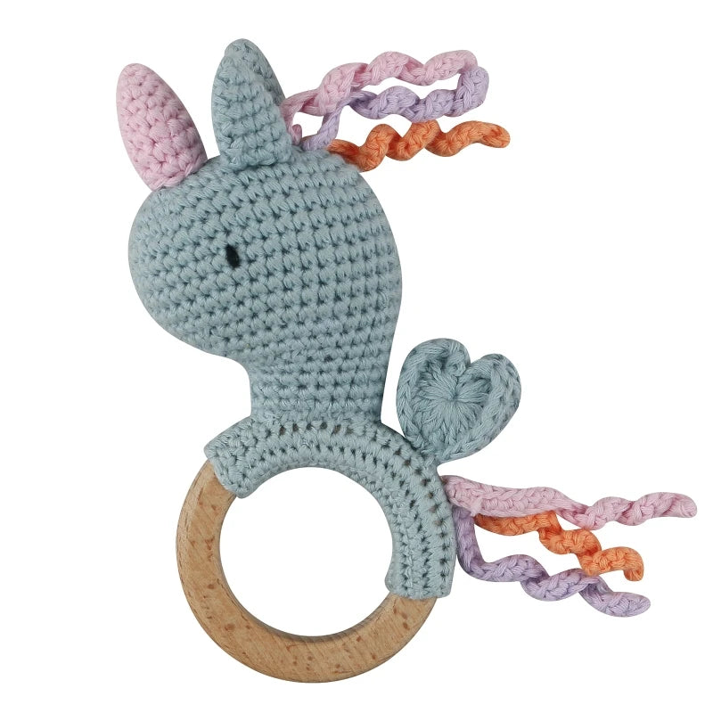 Crochet Wooden Ring Baby Teether – Animal Rattle & Soother