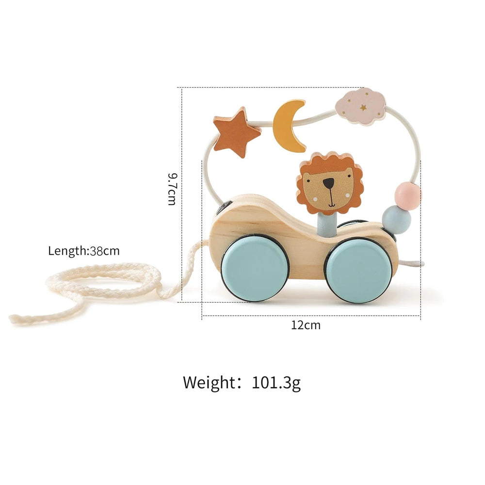 Wooden Pull-Along Car with Lion & Bead Maze