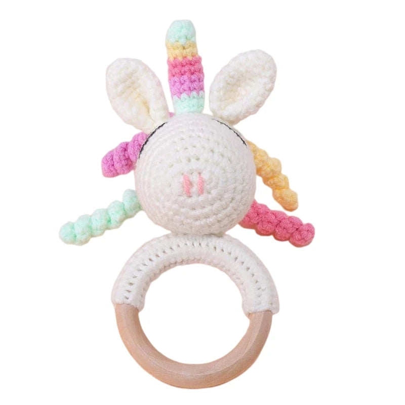 Crochet Wooden Ring Baby Teether – Animal Rattle & Soother