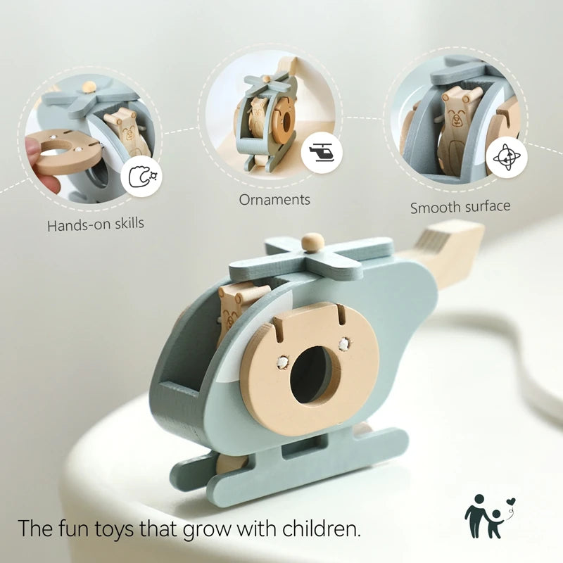 Wooden Helicopter Toy with Spinning Propellers and Flippable Windows