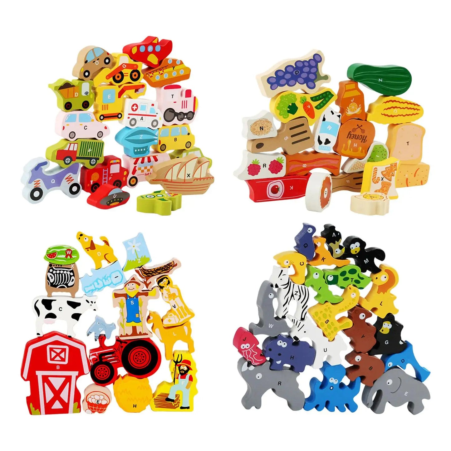 Set of colorful wooden toys including vehicles, animals, and farm items on a white background.