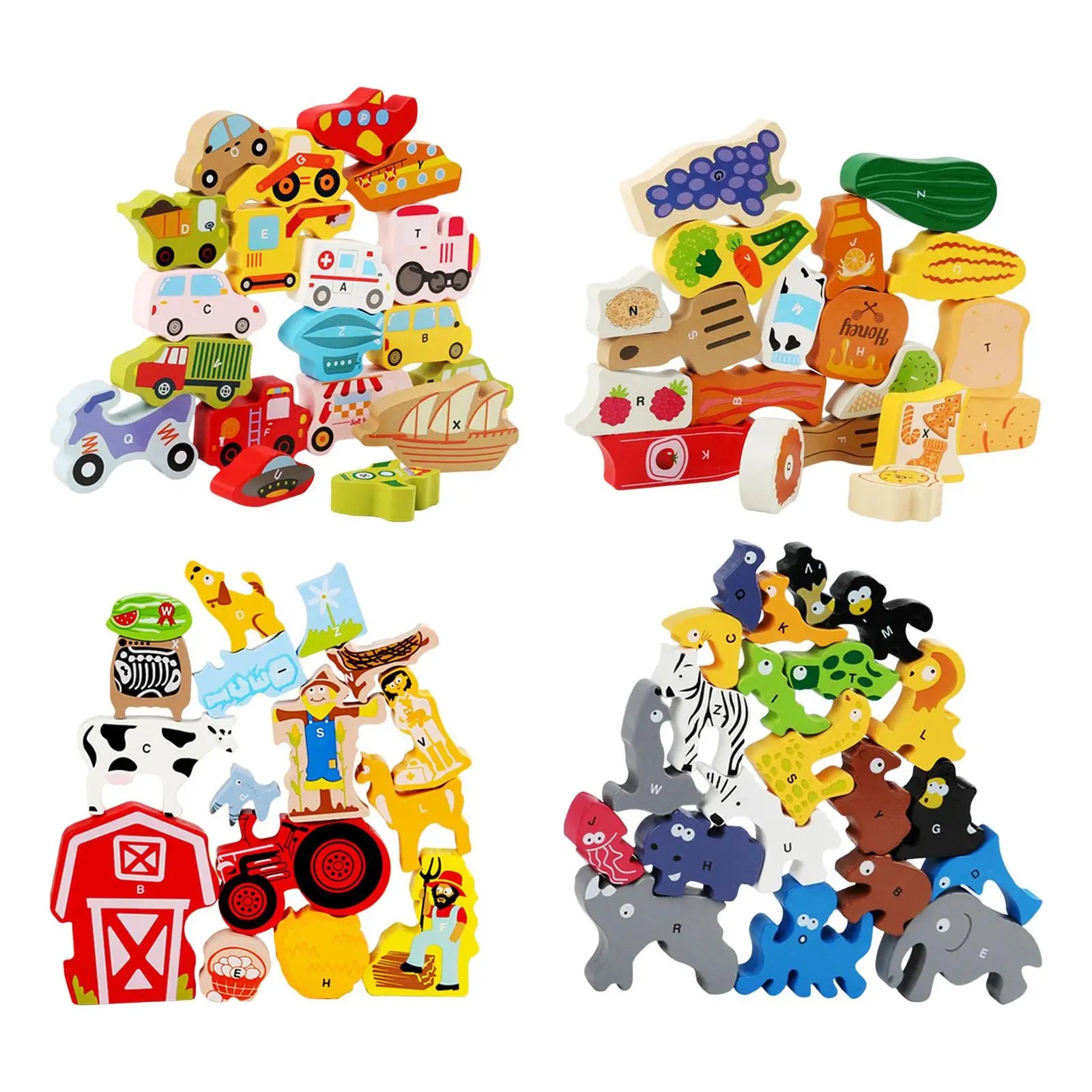 Set of colorful wooden toys including vehicles, animals, and farm items on a white background.