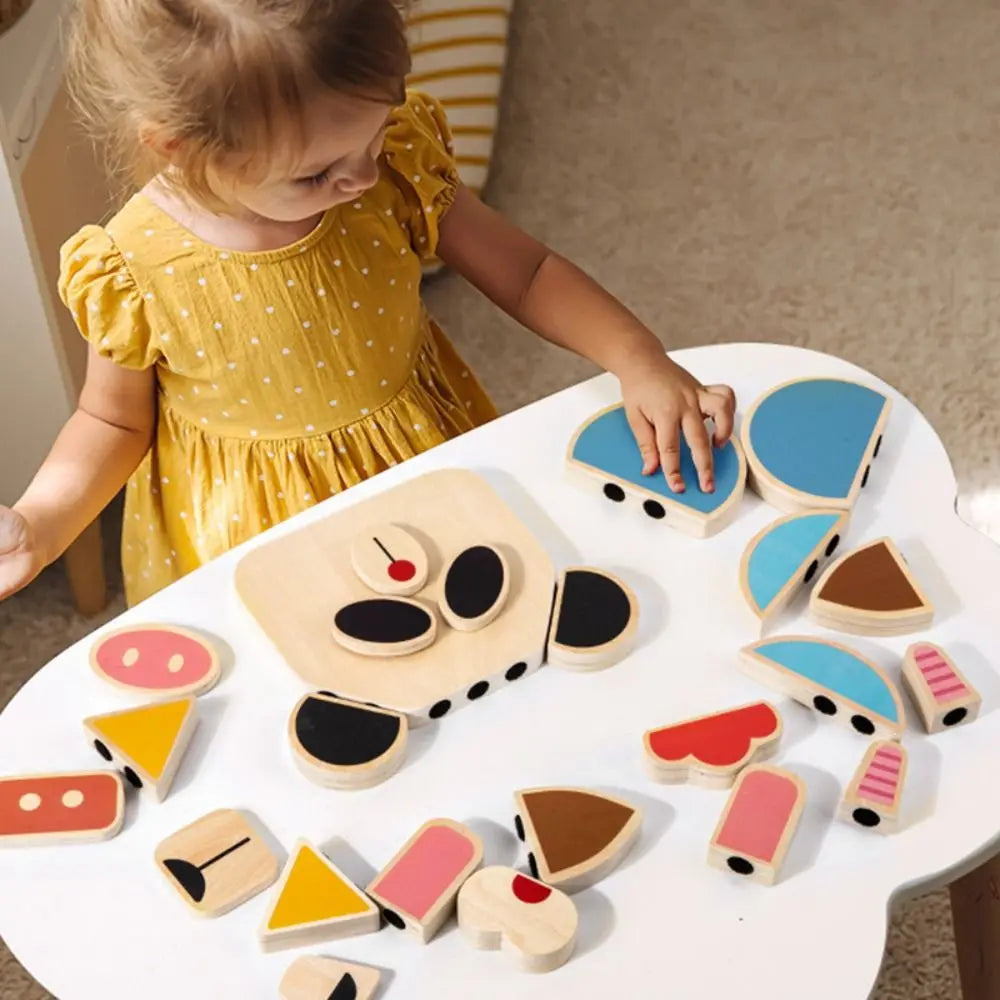 Child playing with a wooden shape sorting toy on a table.