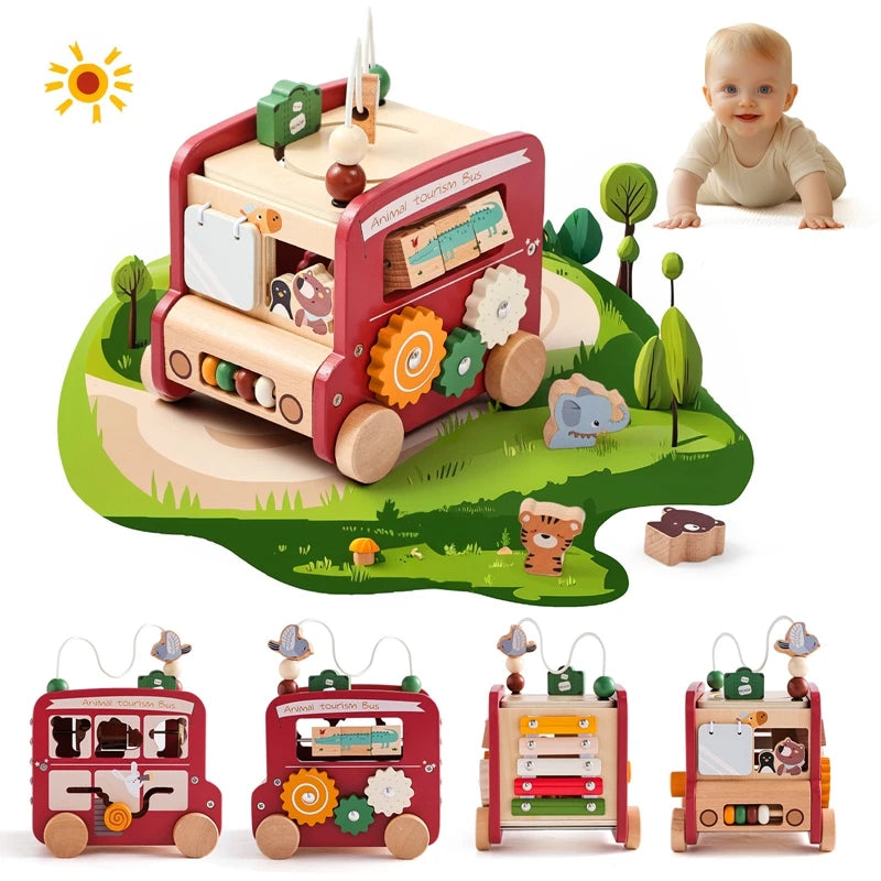 Montessori Wooden Busy Bus – Polyhedron Activity Toy for 0–12 Months
