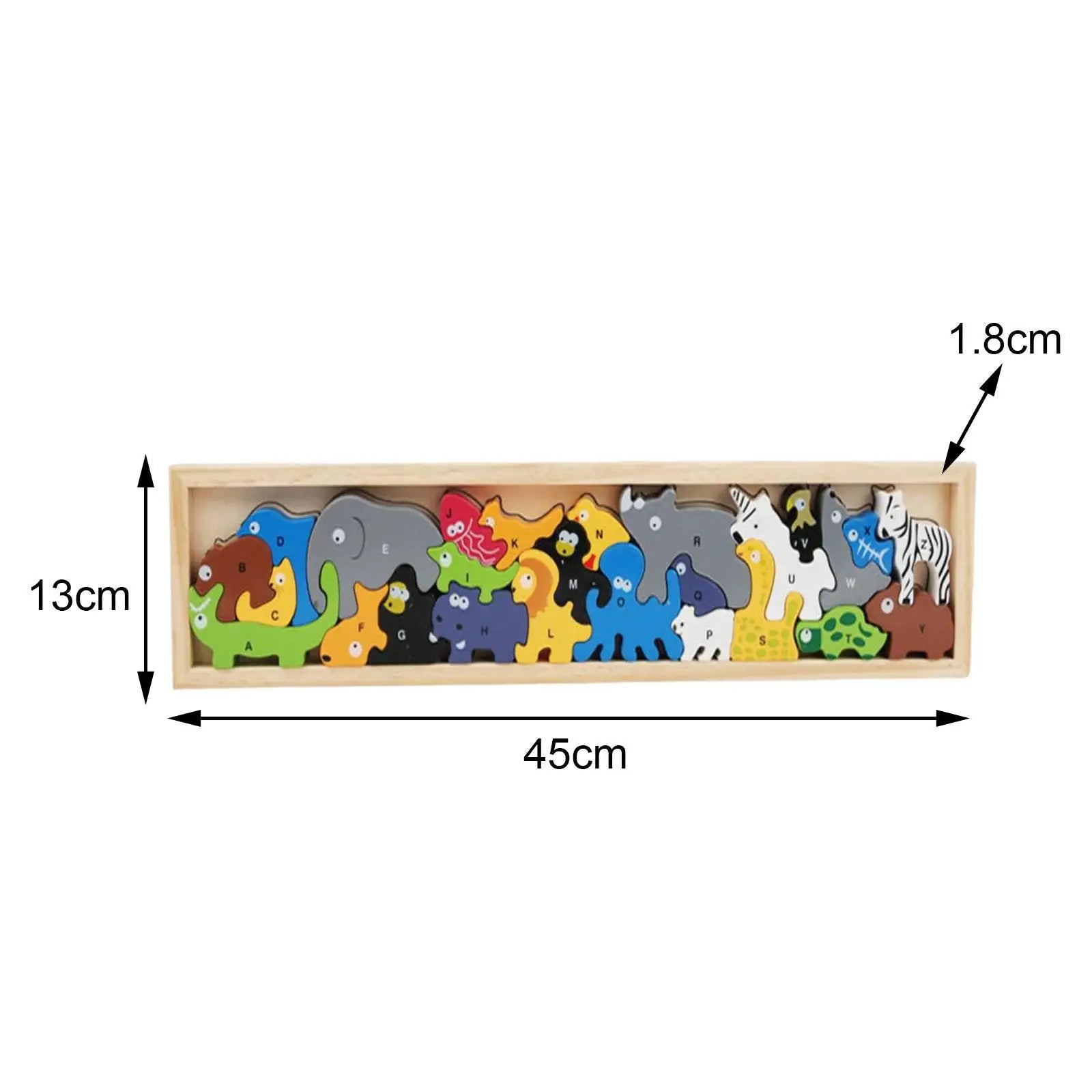 Wooden puzzle with colorful animal figures and dimensions labeled on a white background