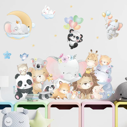 Children's room with cartoon animal wall stickers on a light gray background