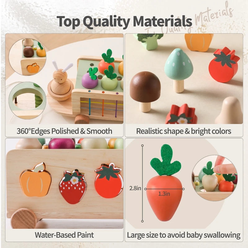 Montessori Wooden Vegetable Car – Pull & Shape Matching Toy