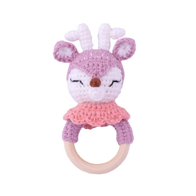 Crochet Wooden Ring Baby Teether – Animal Rattle & Soother