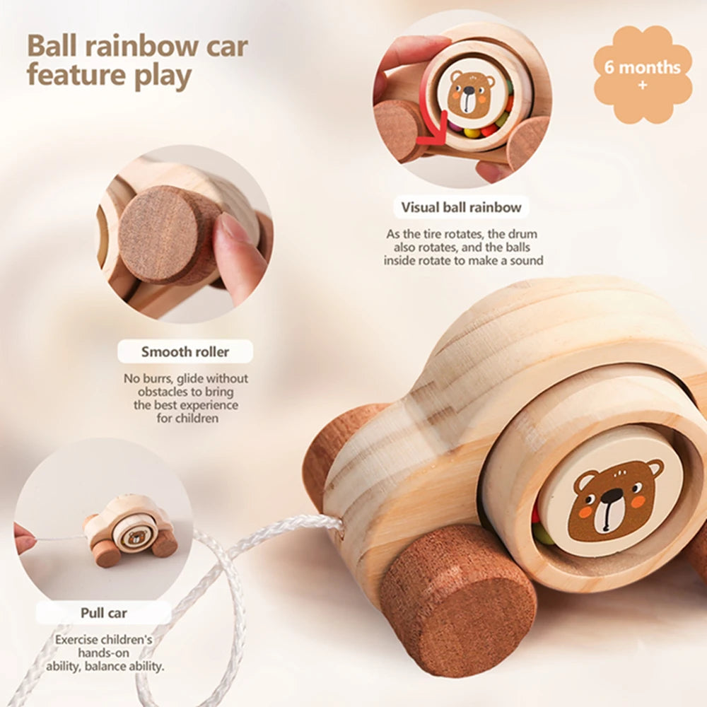 Wooden Pull-Along Animal Toy - Bear Car