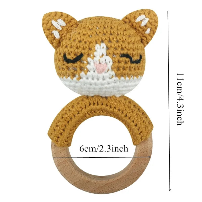 Crochet Wooden Ring Baby Teether – Animal Rattle & Soother