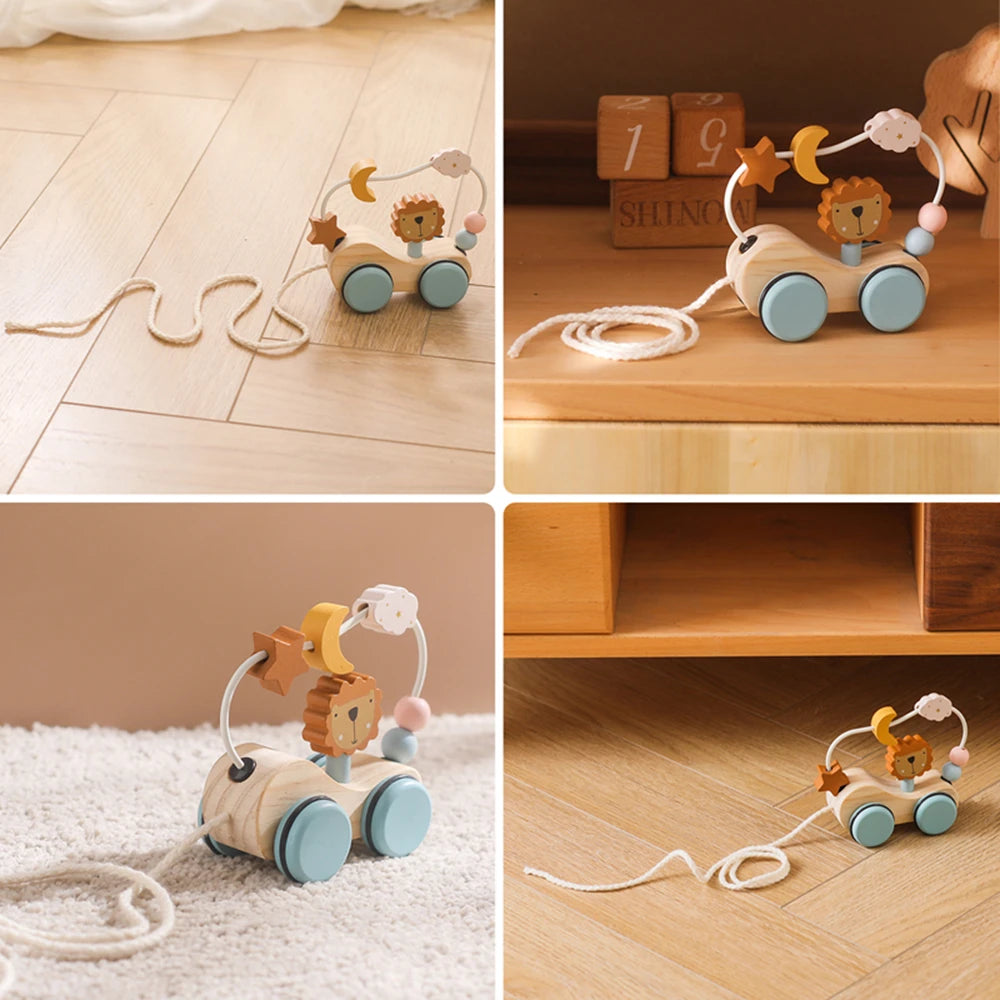 Wooden Pull-Along Car with Lion & Bead Maze