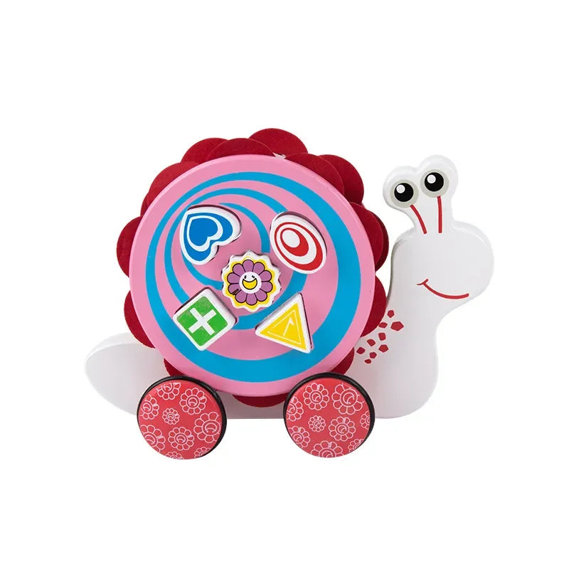 Colorful toy snail with educational elements on a white background