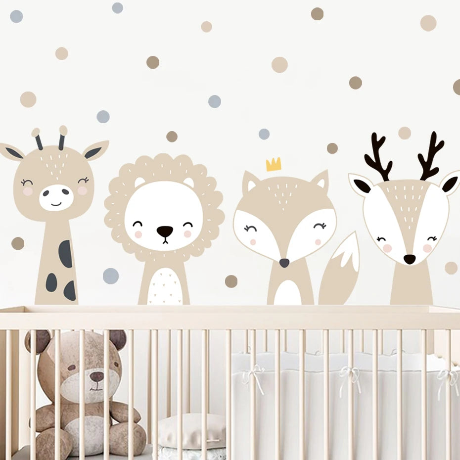 Cute Deer Fox Polka Dots Beige Wall Sticker for Children's Nursery