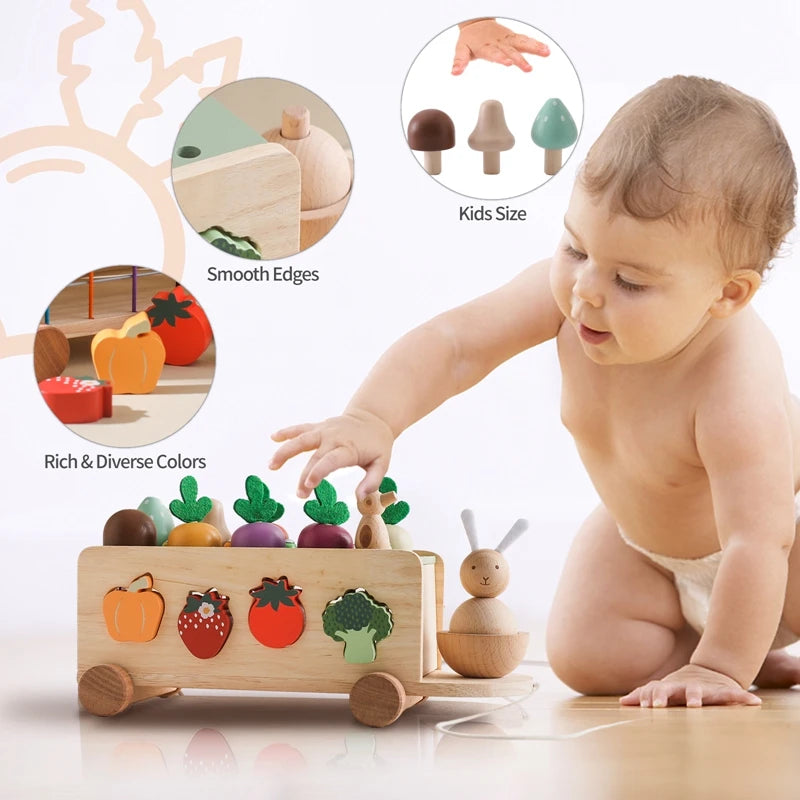Montessori Wooden Vegetable Car – Pull & Shape Matching Toy