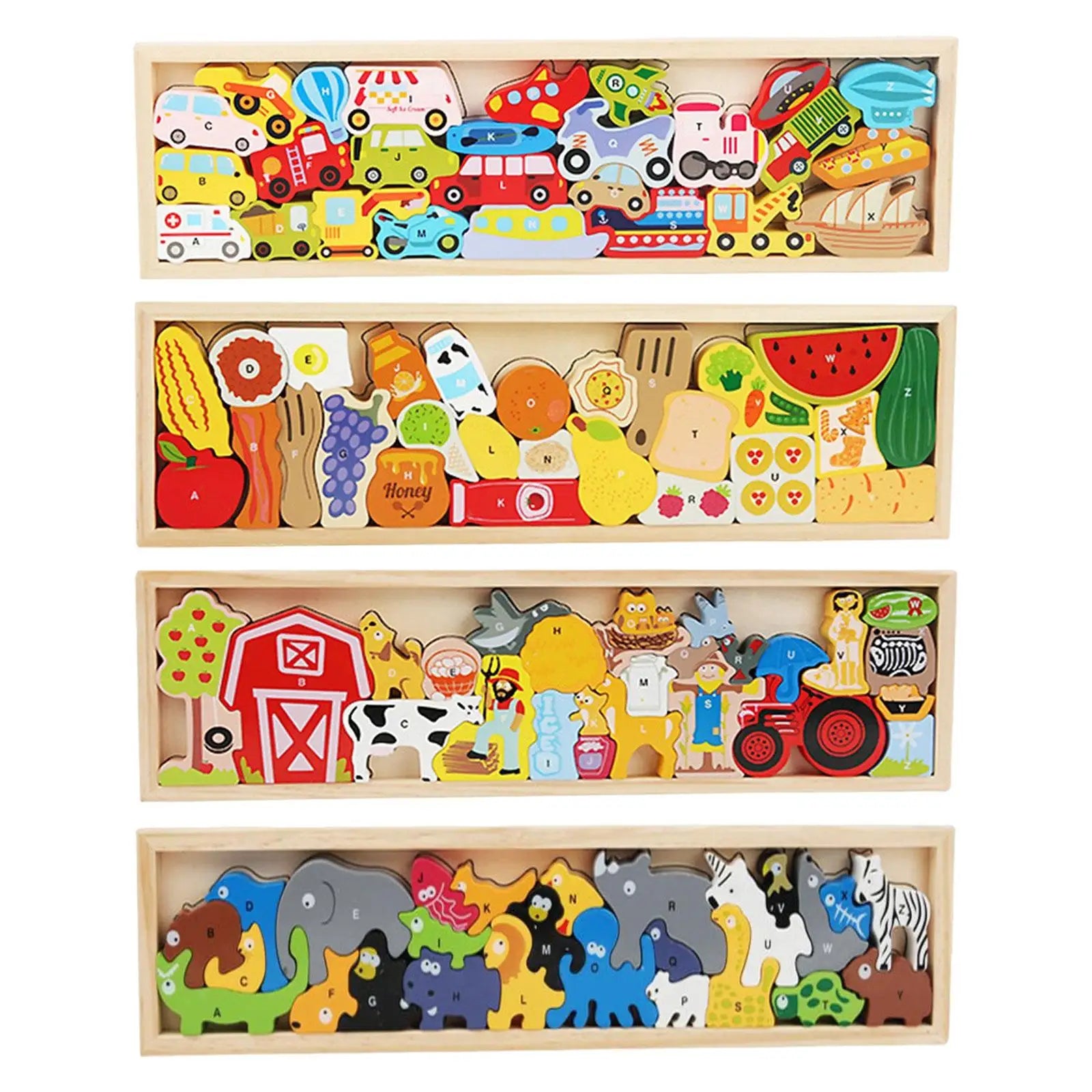 Set of wooden puzzles with colorful animals, vehicles, fruits, and farm-themed pieces on a white background.