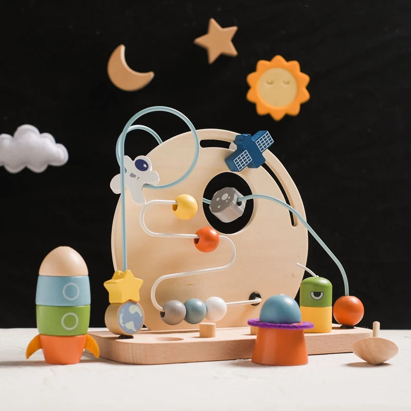 Montessori Baby'S Wooden Planet Rocket Maze Toy