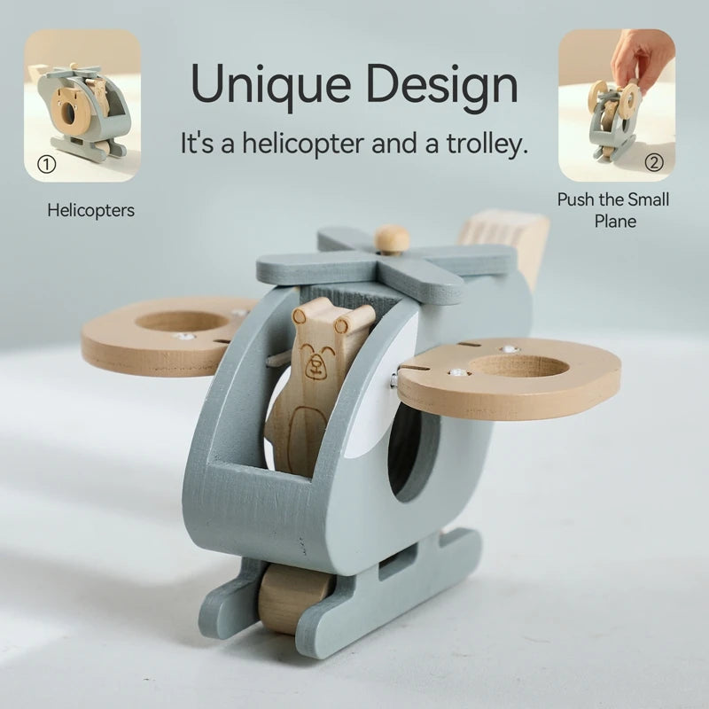 Children's toy with helicopter and trolley design on a light gray background