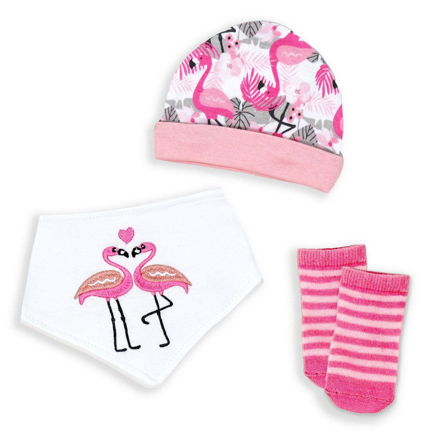 Baby's Cap, Bib and Socks Set - Flamingo