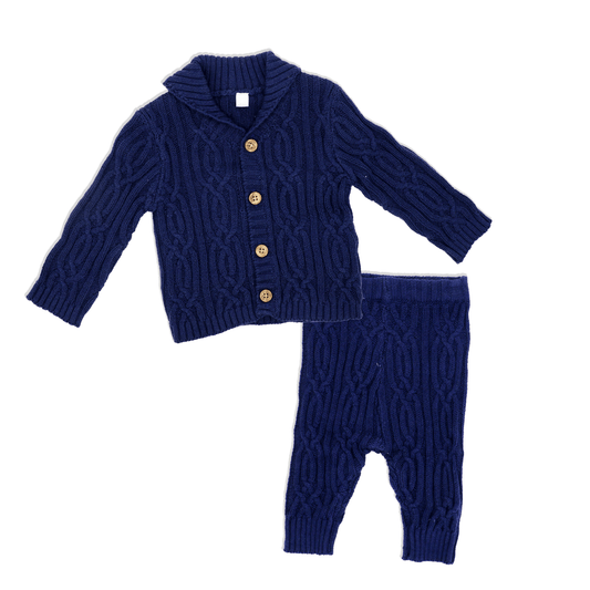 Baby's Knitted Cardigan and Pant Set - Navy