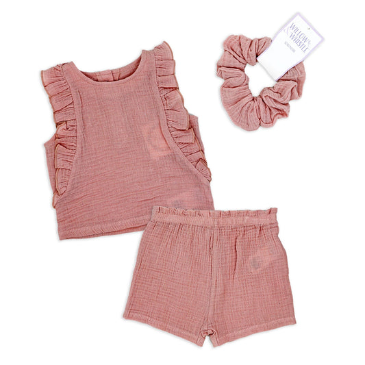 Girl's Gauze 3 Piece Short Set : Pink