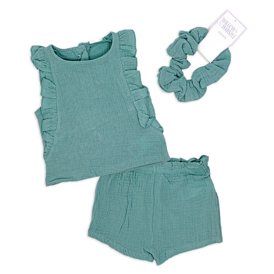 Girl's Gauze 3 Piece Short Set : Teal