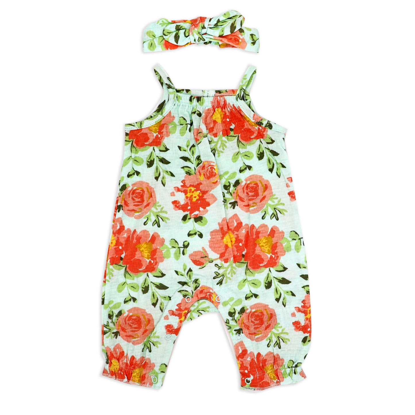 Baby Girl's Romper with Headband - Mint Floral