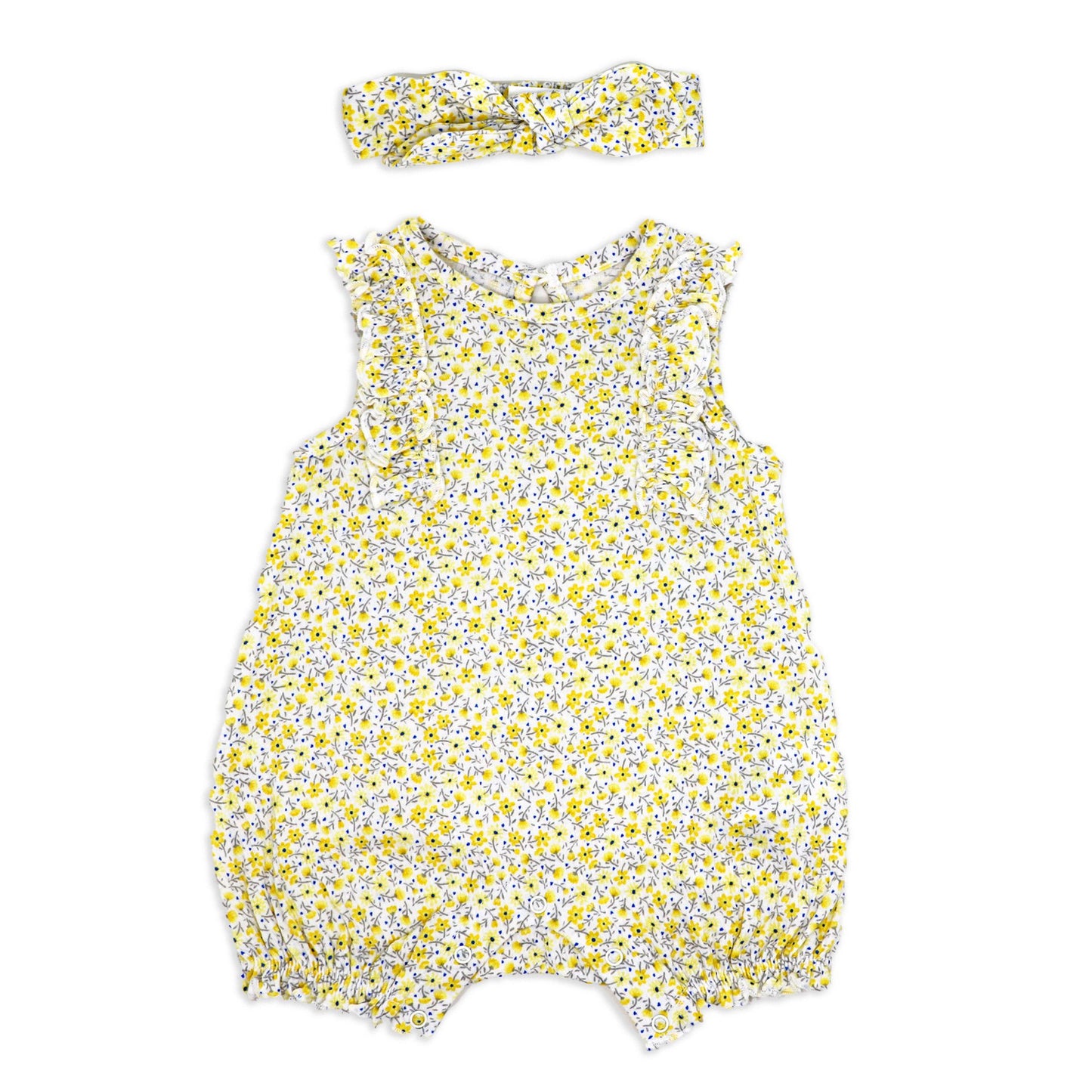 Baby Girl's Romper with Headband - Yellow Floral