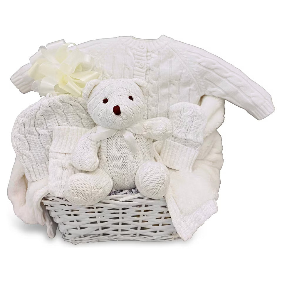 White Cable Knit Baby Gift Basket Set for Snuggly Little Ones