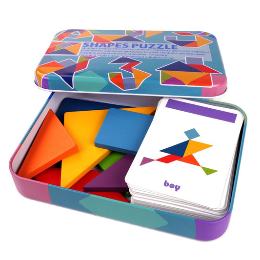 Colorful Wooden Tangram Puzzle in Tin Box