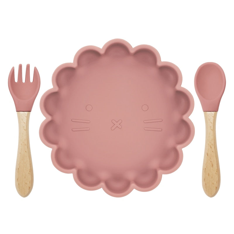 Silicone Non-slip Flower Shape Feeding Bowl Set with Wooden Spoon - ittybittybubba