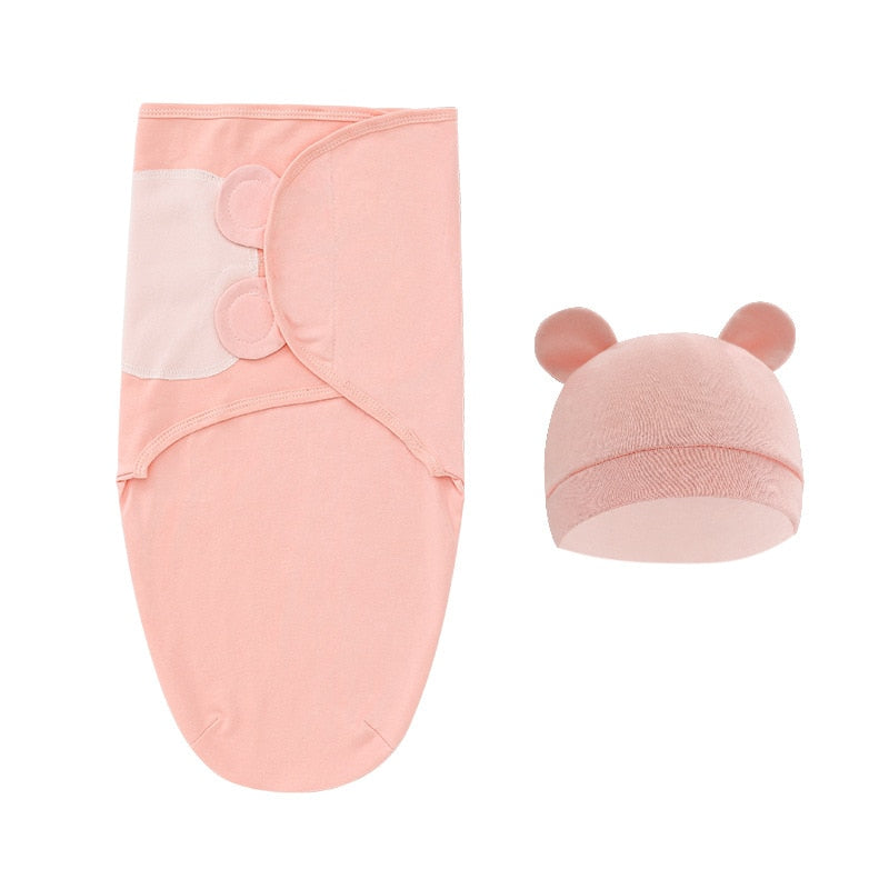 Cotton Baby Swaddle Wrap with Hat - Pink