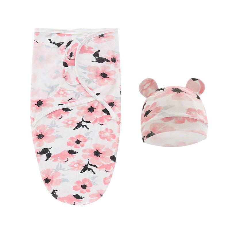 Cotton Baby Swaddle Wrap with Hat - Pink Floral